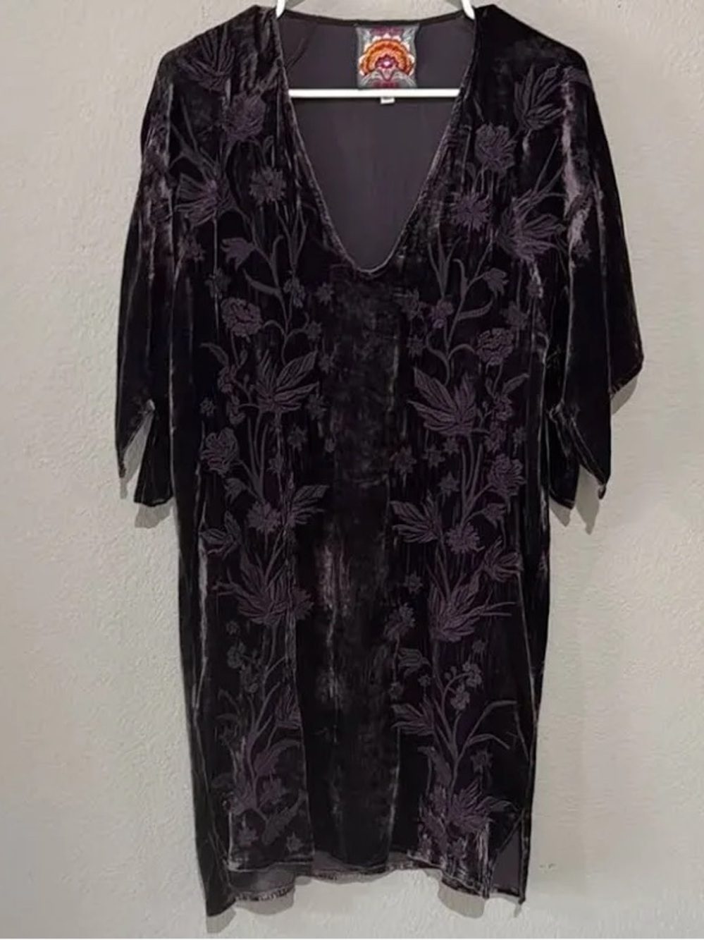 Johnny Was Embroidered Velvet Floral Tunic Dress in Deep Plum